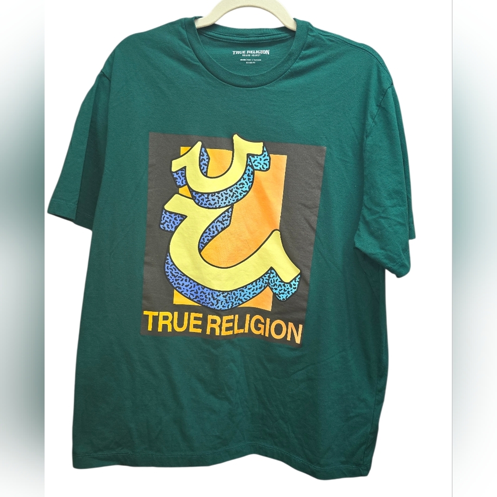 True Religion Relaxed Double Retro Tee Green Graphic Logo T‎ Shirt Men's Medium